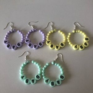 Kidcore “baby” print beaded hoop earrings